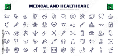 set of medical and healthcare thin line icons. medical and healthcare outline icons such as table of treatments, phary shopping cart, plasma, molar tooth, eye dropper, syringe with medicine,