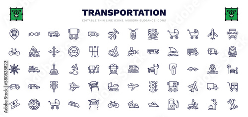 set of transportation thin line icons. transportation outline icons such as tram stop, road sweeper, light aircraft, airplane pointing up, sailing boat, luxury yacht, slippy road, pram, longboard