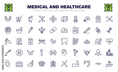 set of medical and healthcare thin line icons. medical and healthcare outline icons such as adrenal gland, microscope tool, skull and bone, heart rate monitor, blood analysis, molar tooth, dosage