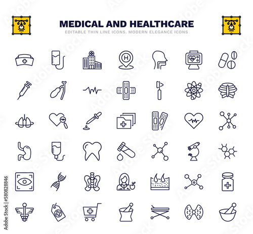 set of medical and healthcare thin line icons. medical and healthcare outline icons such as nurse cross, hospital building front, pharynx, atomic structure, medical results folders, perfusion, three