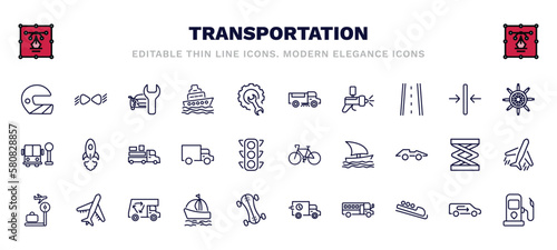 set of transportation thin line icons. transportation outline icons such as motorsport, car repair, road sweeper, ship wheel, loaded truck side view, bikes, airport checking, sailing boat with