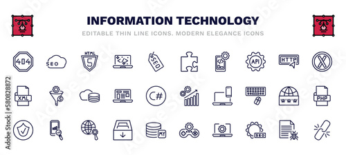 set of information technology thin line icons. information technology outline icons such as error 404, html5, addon, error, cloud storage, seo growth, authorize, archive, software, broken link