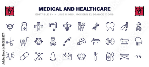 set of medical and healthcare thin line icons. medical and healthcare outline icons such as bladder, sticking plaster, plastering, skull and bone, biological warning, medicine capsules, adrenal