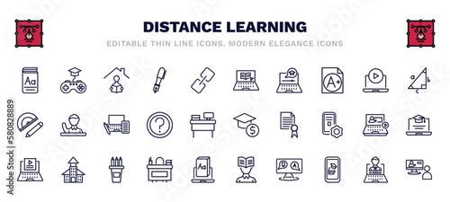 set of distance learning thin line icons. distance learning outline icons such as vocabulary, homework, elearning, trigonometry, blended learning, business education, video tutorials, teacher desk,