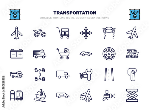 set of transportation thin line icons. transportation outline icons such as airplane pointing up, cart with boxes, stability, prison bus, alloy wheel, chassis, road with broken lines, sailing,