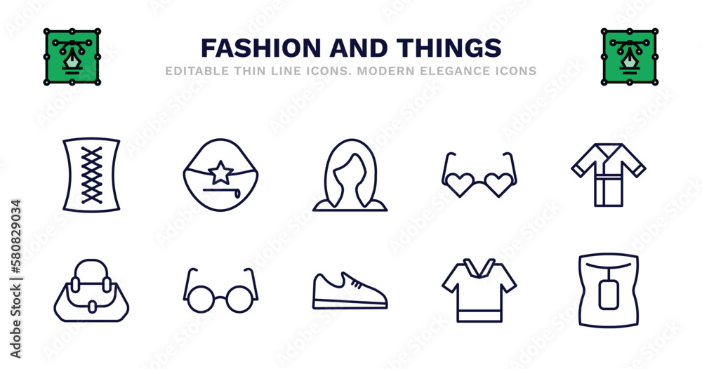 Fototapeta premium set of fashion and things thin line icons. fashion and things outline icons such as handbag elegant de, wig, heart eyeglasses, kimono, woman bag, woman bag, eyewear, shoe side view, safety shirt,
