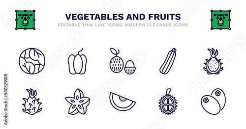 set of vegetables and fruits thin line icons. vegetables and fruits outline icons such as bell pepper, lychee, zucchini, dragon fruit, pitaya, pitaya, star fruit, melon, durian, breast milk fruit