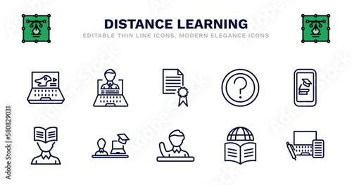 set of distance learning thin line icons. distance learning outline icons such as distance teacher, qualification, ask, mobile learning, self-learning, self-learning, instructor, raise hand, blended