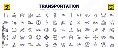 set of transportation thin line icons. transportation outline icons such as road with broken lines, auto, bobsleigh, midget car, small helicopter, steering, airport checking, slippy road, fishing
