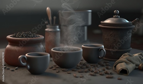  a table topped with two cups of coffee next to a pot and a cup of coffee with steam coming out of it and a napkin. generative ai