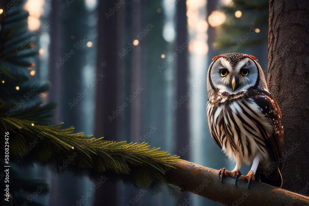 Sparrow owl in winter coniferous forest on the snowy branches of a fir tree. Wildlife imagery, comforting atmosphere, the concept of ecological environment. Generative AI Sparrow owl in winter coniferous forest on the snowy branches of a fir tree. Wildlife imagery, comforting atmosphere, the concept of ecological environment. Generative AI
