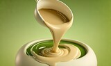  a spoon pouring liquid into a bowl of chocolate sauce on top of a green surface with a green background and a green background behind it.  generative ai