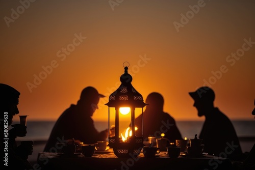Silhouette Muslim man and woman making a supplication  salah sitting on desert sand Arab family and camel walking Islamic mosque at night with crescent moon and star  Ramadan Kareem background by ai