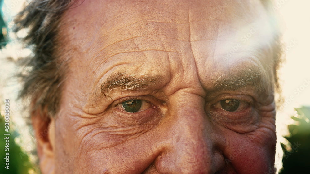 One senior person close up face and eyes with sunlight flare. Wrinkled elder mature 70s male person outside