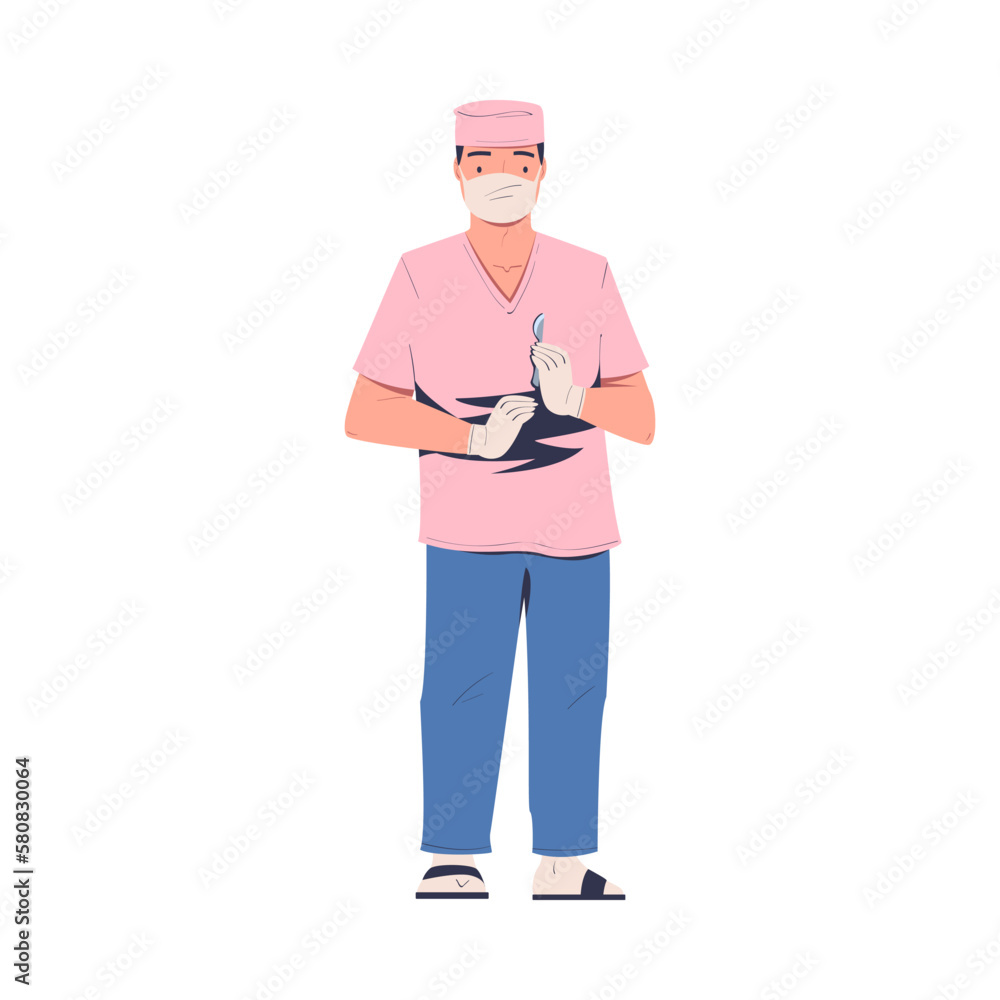 Man Doctor or Physician Character in Uniform in Mask Standing with Scalpel Vector Illustration Man Doctor or Physician Character in Uniform in Mask Standing with Scalpel Vector Illustration