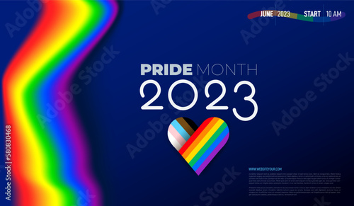 Poster heart Gay rights, LGBT. Happy Pride month landing web page template for LGBTQ rights or social issues event. LGBTQ+ Symbols with flag or Rainbow colors. Vector pride month 2023.