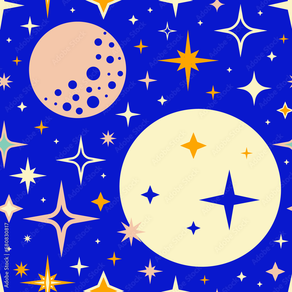 Fototapeta premium Retro vintage pattern with moon and stars in 50s style