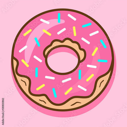 Donut with pink icing isolated on a light pink background. Design element for menu, booklet, banner, print, site. Logo for restaurants, cafes, catering. Vector graphics.