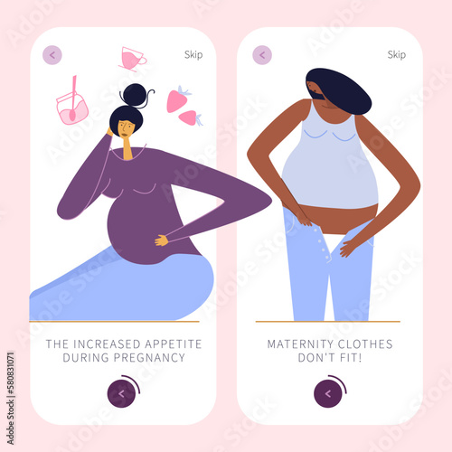 The app design with pregnancy symptoms. The has got INCREASED APPETITE DURING PREGNANCY. The pregnant woman trying to put on clothes that do not fit. Weight gain during pregnancy