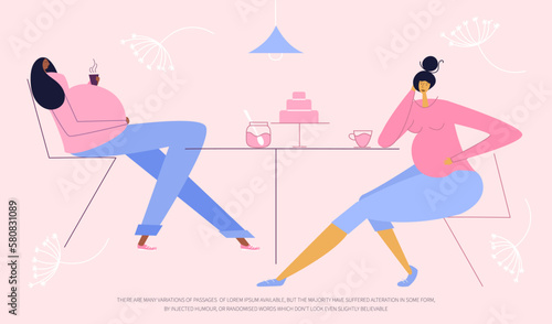 The pregnant women couple, frends relax in caffe. The have got INCREASED APPETITE DURING PREGNANCY. New mom  hungry, has discomfort, distress during pregnancy.