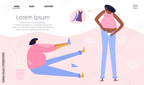 The web landing page with pregnant women friends shopping. Women put on clothes, hard getting dressed. New mom has big belly and often has discomfort, heaviness and uncomfortably. 