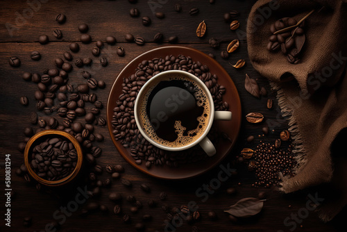 hot coffee with coffee beans. top shot. Generative AI