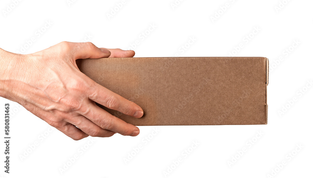 Obraz premium Hands holding cardboard box isolated on white background. Giving, receiving brown carton parcel, package, side view
