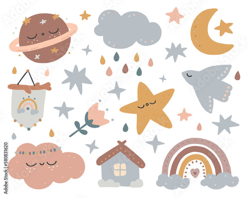 Vector cute baby boho clouds and bohemian rainbow tribal clipart Nursery print