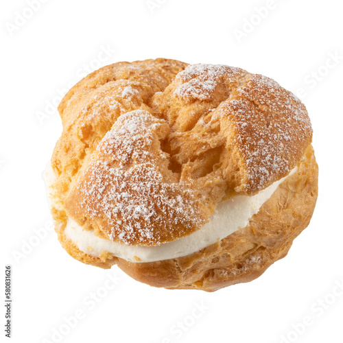 Cream puff, pastry from choux covered sugar powder closeup isolated 