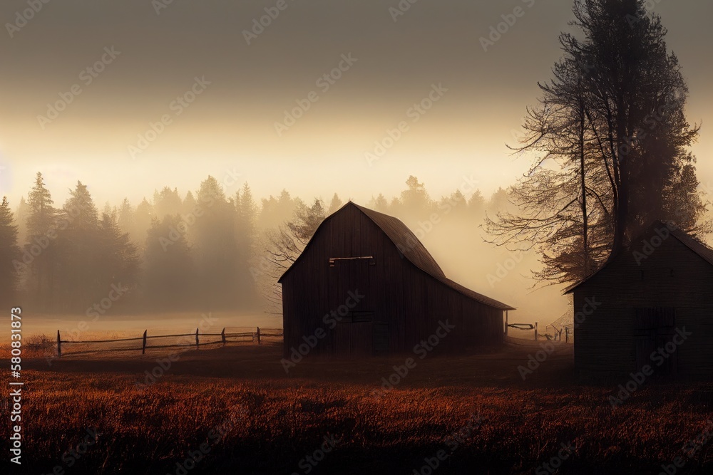 An old abandoned barn in the foggy rain of the countryside of the Pacific Northwest. Generative AI. An old abandoned barn in the foggy rain of the countryside of the Pacific Northwest. Generative AI.