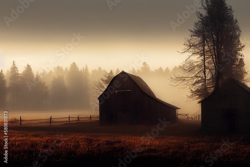 An old abandoned barn in the foggy rain of the countryside of the Pacific Northwest. Generative AI.