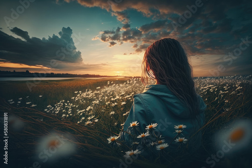 a young woman sits in the field among flowers and looks at the sunrise. Generative AI