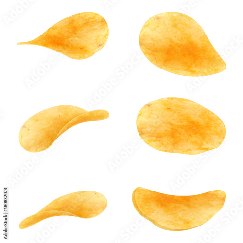 Set of potato chips close-up on an isolated white background. Realistic 3D vector illustration. Can be used for for advertising, package or promo ads, delicious food, ripple meal