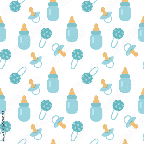 Seamless pattern with bottle, nipple and rattle on white background. It s a boy.