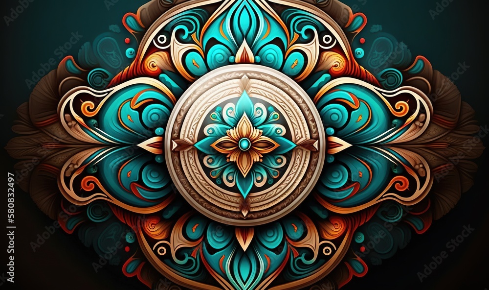  a colorful abstract design on a black background with a blue and orange flower in the middle of the center of the image is a circular object.  generative ai