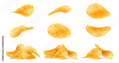 Set of potato chips close-up on an isolated white background. Realistic 3D vector illustration. Can be used for for advertising, package or promo ads, delicious food, ripple meal