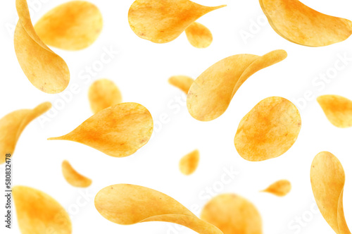Flying and falling crispy potato chips realistic vector background. Thin crunchy slices of fried potato vegetable with salt and spices 3d backdrop of fast food snacks and crisps
