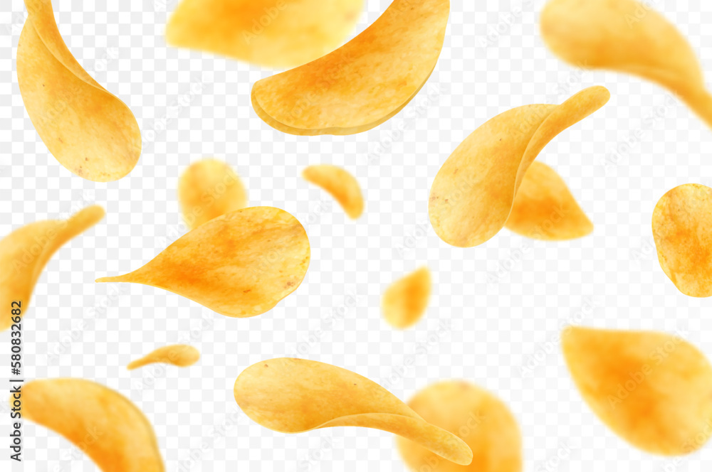 Flying and falling crispy potato chips realistic vector background