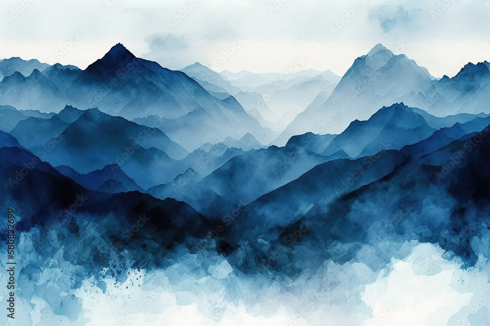 Abstract of blue misty mountains watercolor, Generative AI