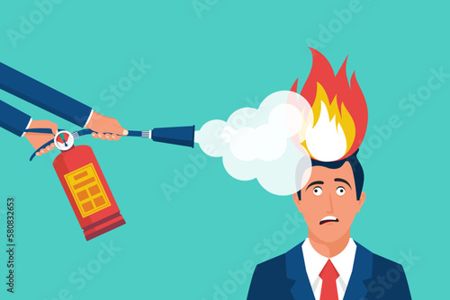 Put out head fire. A man with a fire extinguisher extinguishes a fire in a burning brain. Psychological therapy help. Burnout and emotional problem, mental illness. Vector illustration flat design.