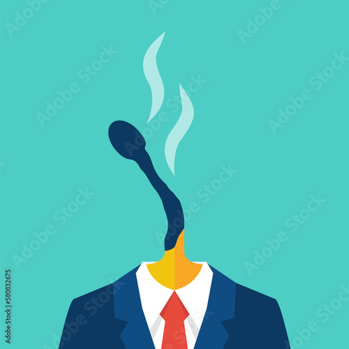 Burnout concept. A burnt match instead of the head of a young businessman. Creative crisis. Vector illustration flat design. Isolated on white background.