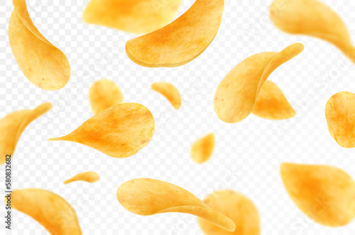 Flying and falling crispy potato chips realistic vector background. Thin crunchy slices of fried potato vegetable with salt and spices 3d backdrop of fast food snacks and crisps