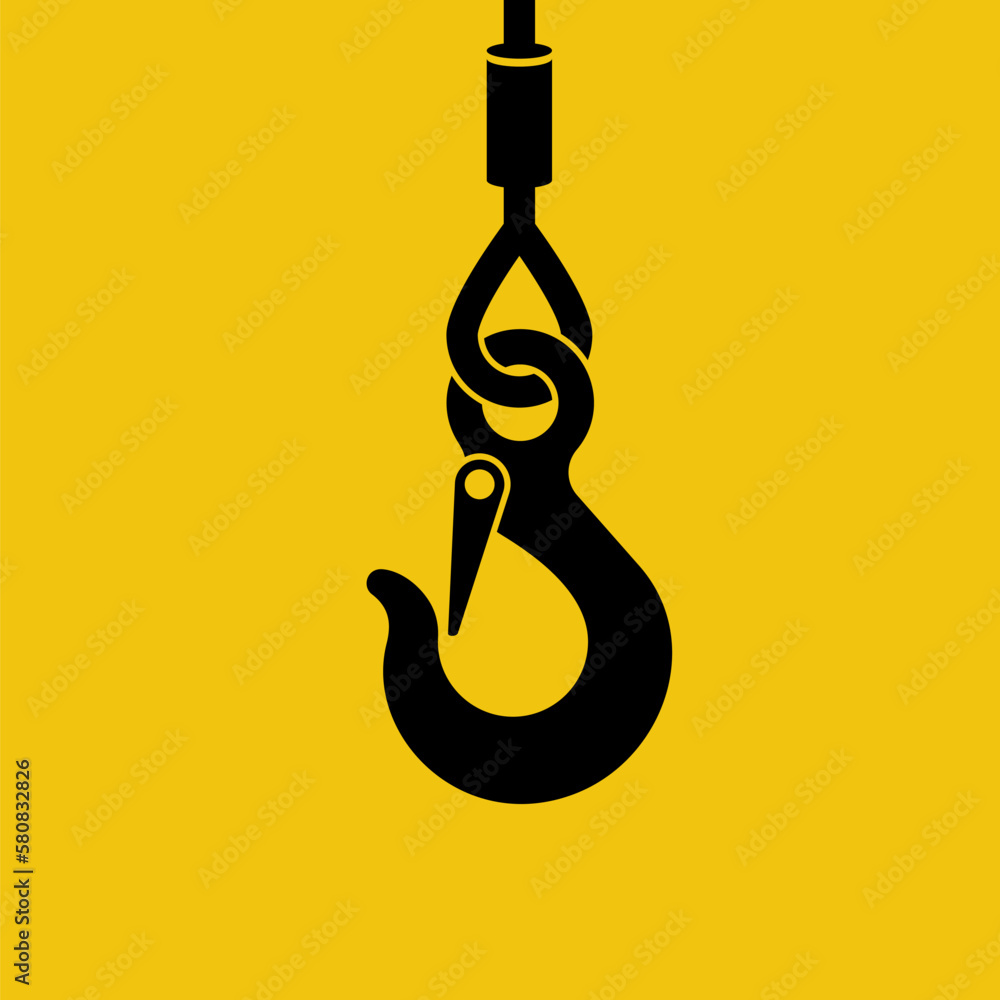 Black icon on a yellow background lifting hook with rope. Lifting large loads. Industrial steel hook tower crane. Vector illustration flat design. - obrazy, fototapety, plakaty 