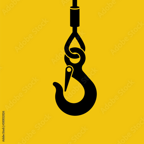 Black icon on a yellow background lifting hook with rope. Lifting large loads. Industrial steel hook tower crane. Vector illustration flat design.