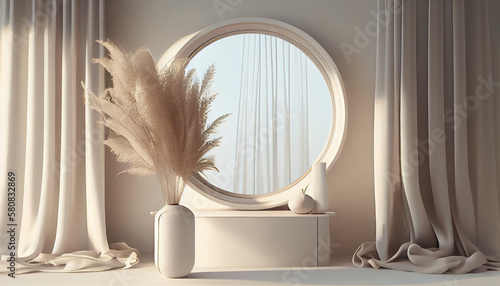 Empty modern, minimal and luxury cream dressing table top, vase of pampas, round mirror, curtain in white wall bedroom generative AI 