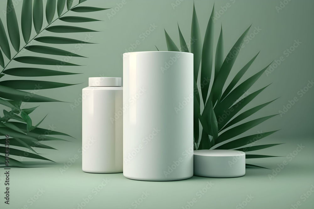 3d low poly render product display podium scene with bamboo leaves. Geometric platform, 3d high poly stand to show cosmetic product showcase on pedestal display green background. AI generated. 3d low poly render product display podium scene with bamboo leaves. Geometric platform, 3d high poly stand to show cosmetic product showcase on pedestal display green background. AI generated.