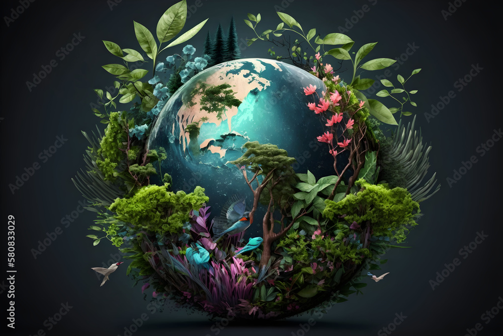 World environment and earth day concept with globe, nature and eco friendly environment. Ai generated. - obrazy, fototapety, plakaty 