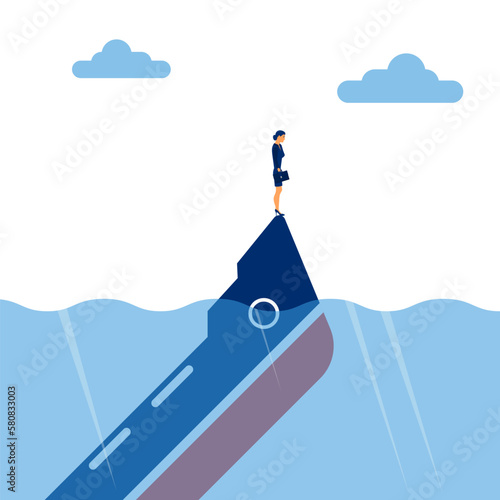 Sinking ship as a metaphor for a loss-making business. Failed idea or financial crisis. A sad businesswoman stands on a sinking ship. Vector illustration flat design.
