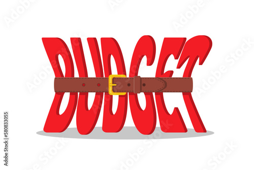 Squeeze the budget. Letters are tightened with a leather belt as a symbol of a decrease in income. Financial recession. Money shortage. Vector illustration flat design. Isolated on white background.