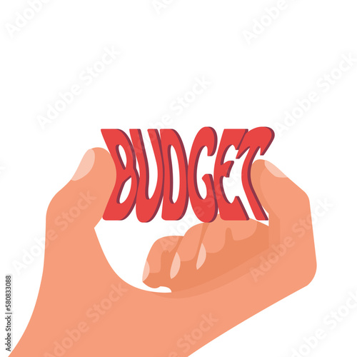 Squeeze the budget. Hand squeezing the word budget with fingers as a symbol of a decrease in income. Financial recession, Money shortage. Vector illustration flat design.